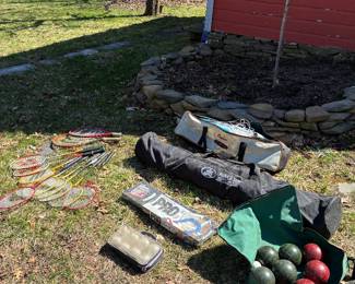 Games! 2 volley ball net sets; horseshoes; 2 bocce sets; many badminton raquets