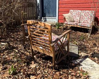 Wooden outdoor couch and 2 chairs with cushions (back detail)