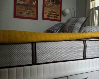 Queen size bed.wooden platform with drawers on wheels. Frame and mattress 
