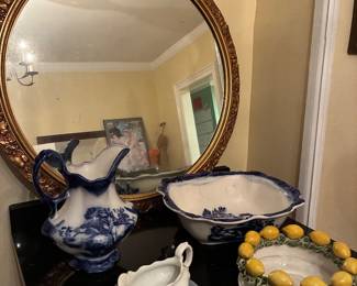 Antique water basin and pitcher, mirror, lemon dish, gravy pitcher