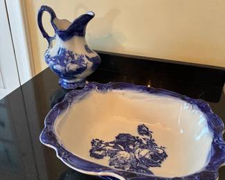 Blue and white Ironstone Staffordshire England water pitcher and basin (NB: small chip at base of water pitcher)