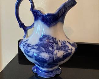 Blue and white Ironstone Staffordshire England water pitcher and basin (NB: small chip at base of water pitcher)
