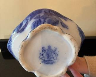 Blue and white Ironstone Staffordshire England water pitcher and basin (NB: small chip at base of water pitcher)