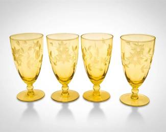 Set Of Four Lancaster Glass Jubilee Etched Yellow 10Ounce Iced Tea Goblets