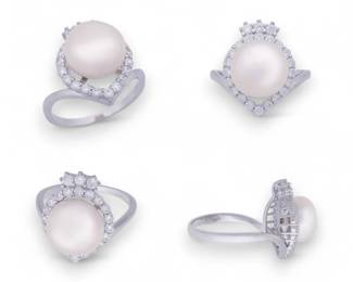Sterling Silver Pearl  CZ ThreeStone Ring