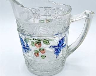 Vintage Bird And Strawberry Pattern Glass Pitcher