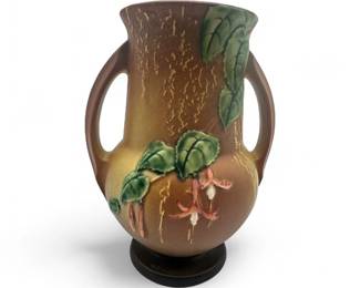Roseville Pottery Fuchsia DoubleHandled Vase In Brown