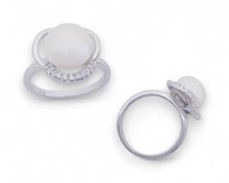 Sterling Silver Pearl  CZ Pave Ring  10mm Pearl