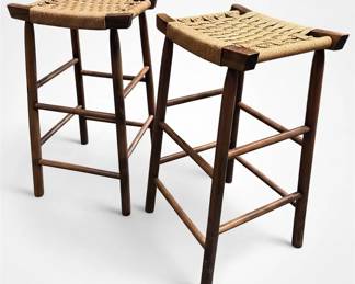 Pair Of Vintage Oak Bar Stools With Woven Rush Seats Made In Japan