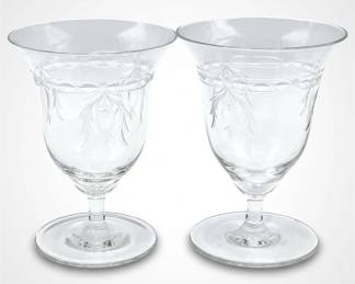 Pair Of Vintage Crystal Glasses With Delicate Etched Floral Garlands