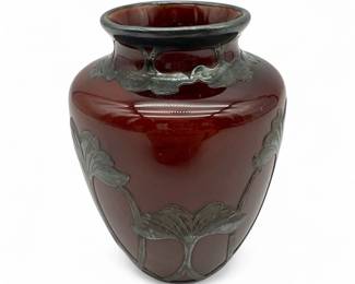 Vintage Oxblood Ceramic Vase With Distinct Pewter Floral Overlay