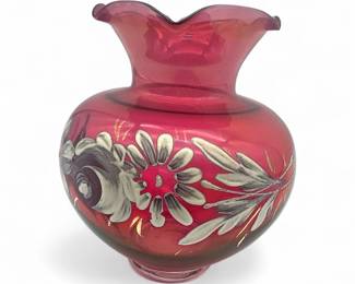 HandPainted Cranberry Glass Vase With Ruffled Rim And Floral Motifs