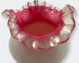 Vintage Fenton Art Glass Vase With A Pink Interior And Ruffled Edge