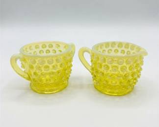 Vintage Fenton Topaz Opalescent Hobnail Creamer  Sugar Bowl Set