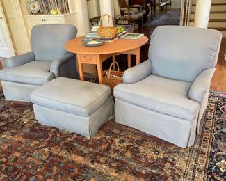 Pair of blue club chairs, and ottoman