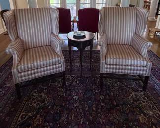 Pair - Chippendale Wing Back chairs; Petite Demilune to Round Top Table 