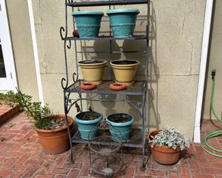 Iron Baker’s rack and assorted pots