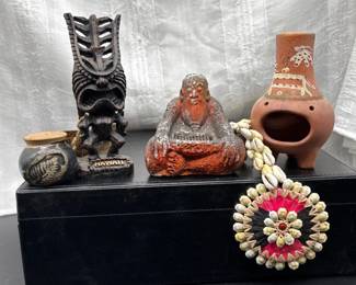 62 TikiHawaiianDcorLotBuddhaShellLeiPotteryCarving