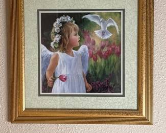 105 FramedAngelChildPrintwDoveFloralSceneGoldFrameArt