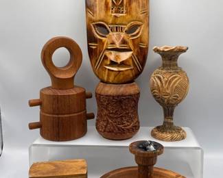 143 CarvedWoodDecorLotMaskVaseCandleHolderBox