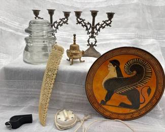 171 EclecticDecorLotBrassCandelabraPlateInsulatorMore