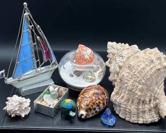 83 CoastalDecorLotShellsSailboatGlassOrbBeachDisplaySet