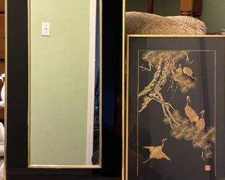 155 ElegantCraneWallArtMirrorSetBlackGoldDecorPair