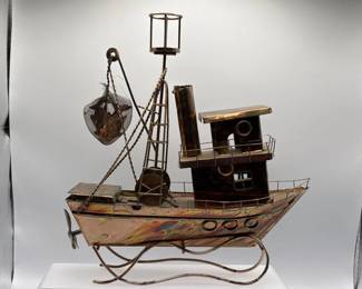 161 VintageMetalFishingBoatMusicBoxNauticalDecorWindUp