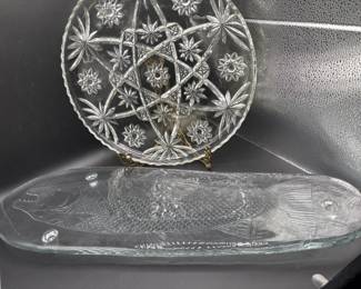 58 VintageSalmonServingPlatterCutGlassPlateSet