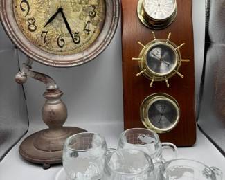 168 NauticalDecorLotClockBarometerGlassMugsNestleSet