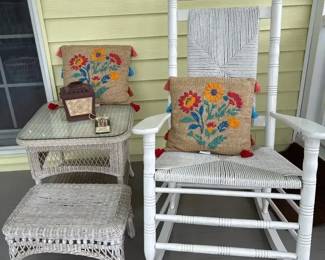 Cracker Barrel Rocker, Side Table with Glass Top, Foot Stool  Decor