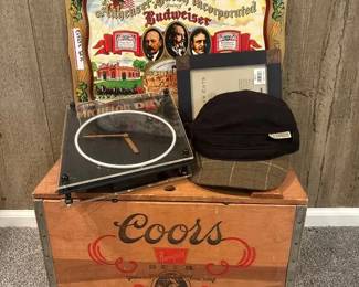 Beer Themed Wooden Crate, Clock, Tray, Hat