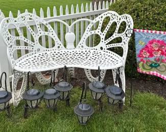 Cast Iron Butterfly Bench , Solar Lanterns, and Yard Flag