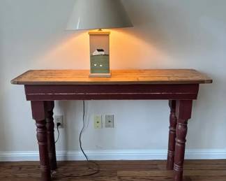 Distressed Wood Console Table and Folk Art Lamp