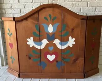 005 Hand Painted Wooden Fireplace Screen and Tools