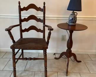 Vintage Wood Ladderback Chair with Rush Seat, Federal Style Pedestal Table, Glazed Stoneware Lamp