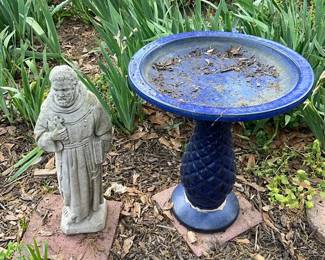 Ceramic Bird Bath And Concrete Statue