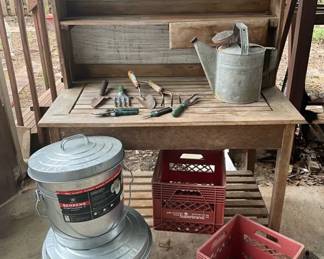 Potting Bench, Crates,  Metal Buckets