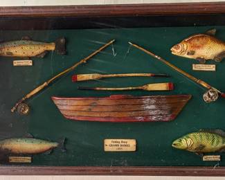 Vintage Fisherman Shadowbox- Fishing Dory Grand Banks- 1875 with glass front wood box