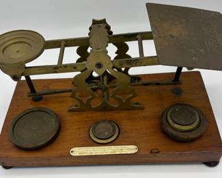 Vintage Brass Postal Scale with 6 Weights from S. Mordan Co in London England