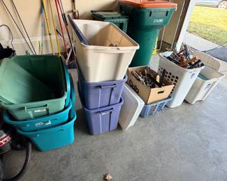 Plastic bins, clothes hangers