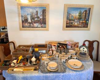 Kitchen utensils, bird house, serving dishes with bird house pattern with matching coffee mugs and drinking glasses