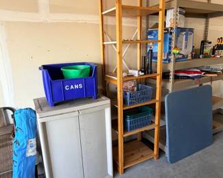Garage shelves, bins, card table