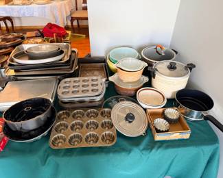 Crock Pots, vintage casserole dishes, muffin tins, cake molds, cookie sheets, 13 x 19 pans