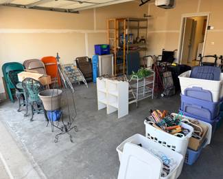 Garage shelves, folding chairs, clothes hangers, shoe rack, cube shelves, luggage, plastic bins