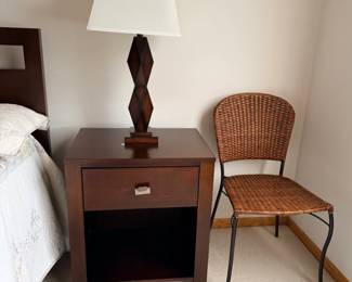 Night stand, Table lamp and wicker chair