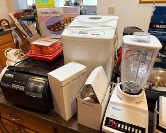 Creme brulee torch and dishes, blender