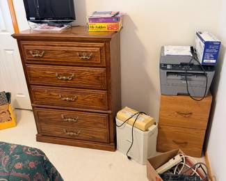 Dresser, printer, file cabinet, paper shredder, power strips