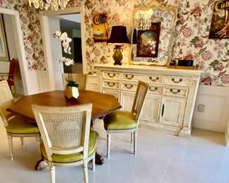 White wash buffet , mirror , lamp , table , chairs 