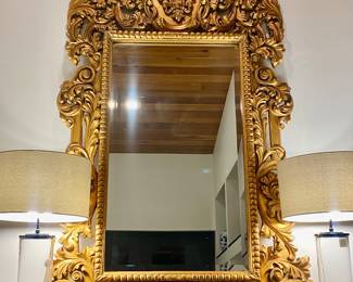 Grand mirror, glass lamps (2) Cardena sculpture 